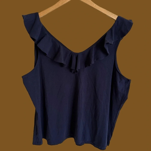 NWT Crown & Ivy Curvy 3X Navy Blue Modal Blend Knit Ruffle Tank Top V Neck New - Picture 2 of 5